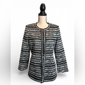 Alice & Olivia Black White Silver Metallic Tweed Blazer Jacket Women's M